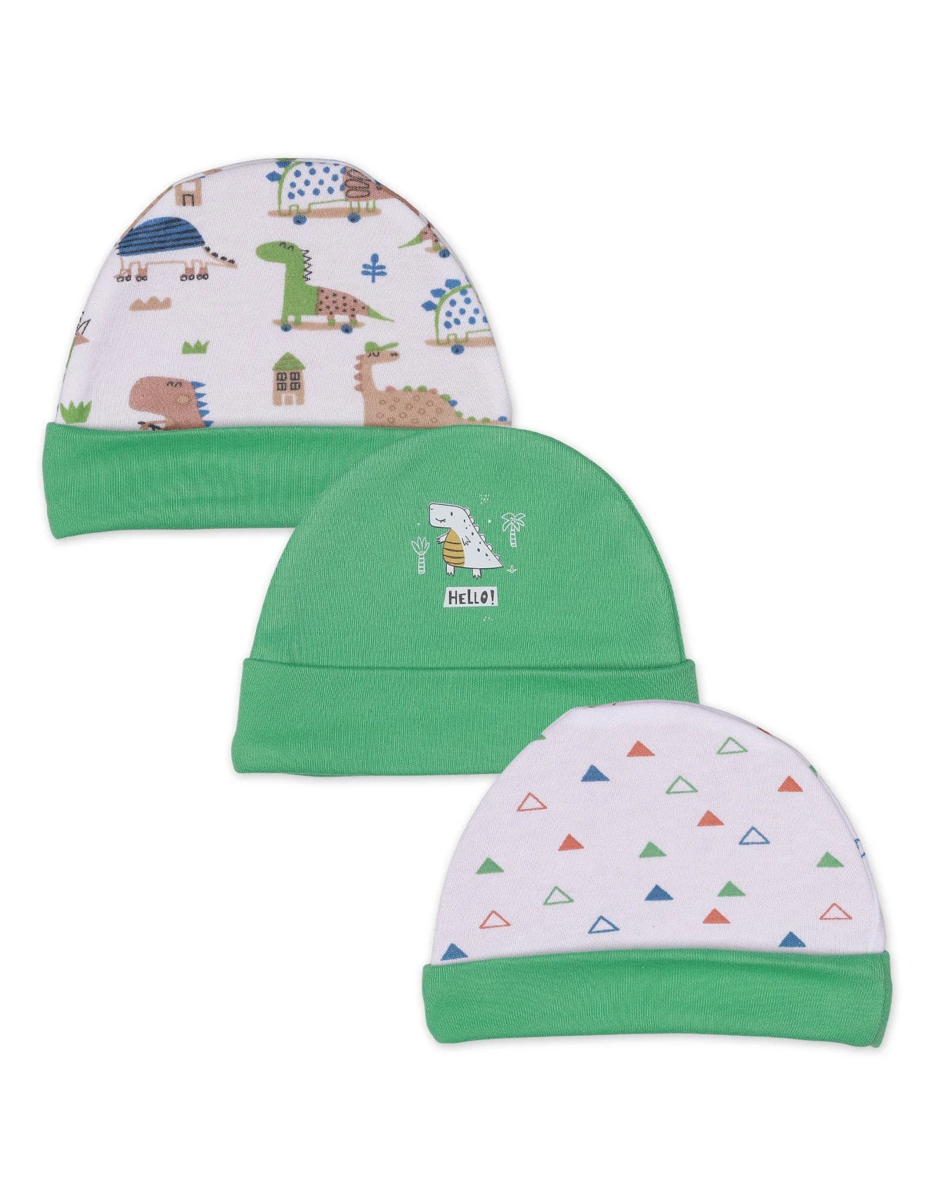 Baby Caps Green Dino Theme for Boys- Pack of 3 - Medium