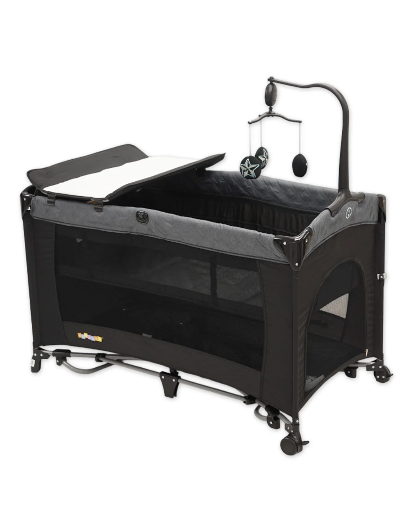 Bambies 3-in-1 Premium Travel Cots and Playard with Drop Side, Changing Station and Rocking Grey Edition at Zubaidas - Image 2