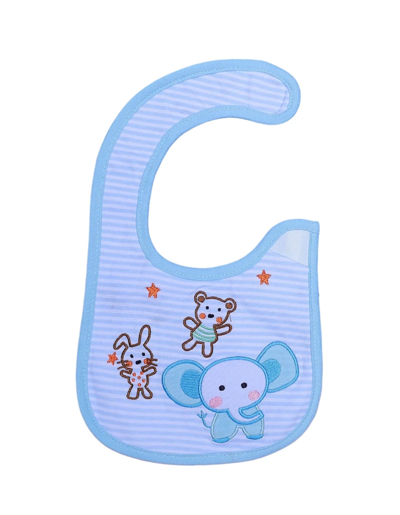 Zubaida's Bib Blue Stripped with Embroidered Elephant Bear and Rabbit