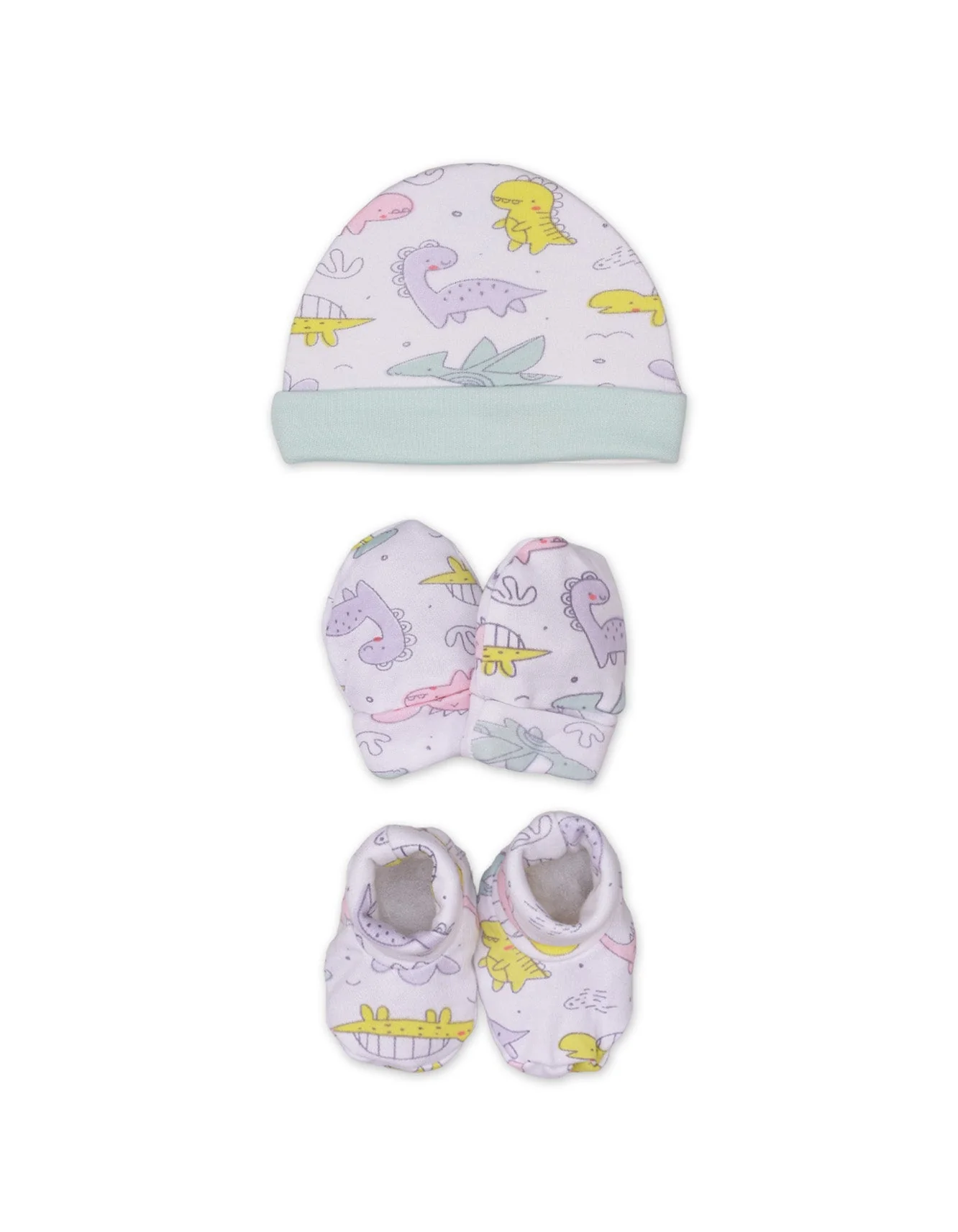 Zubaida's Cap, Mitten & Booties Set Dino World Theme Unisex