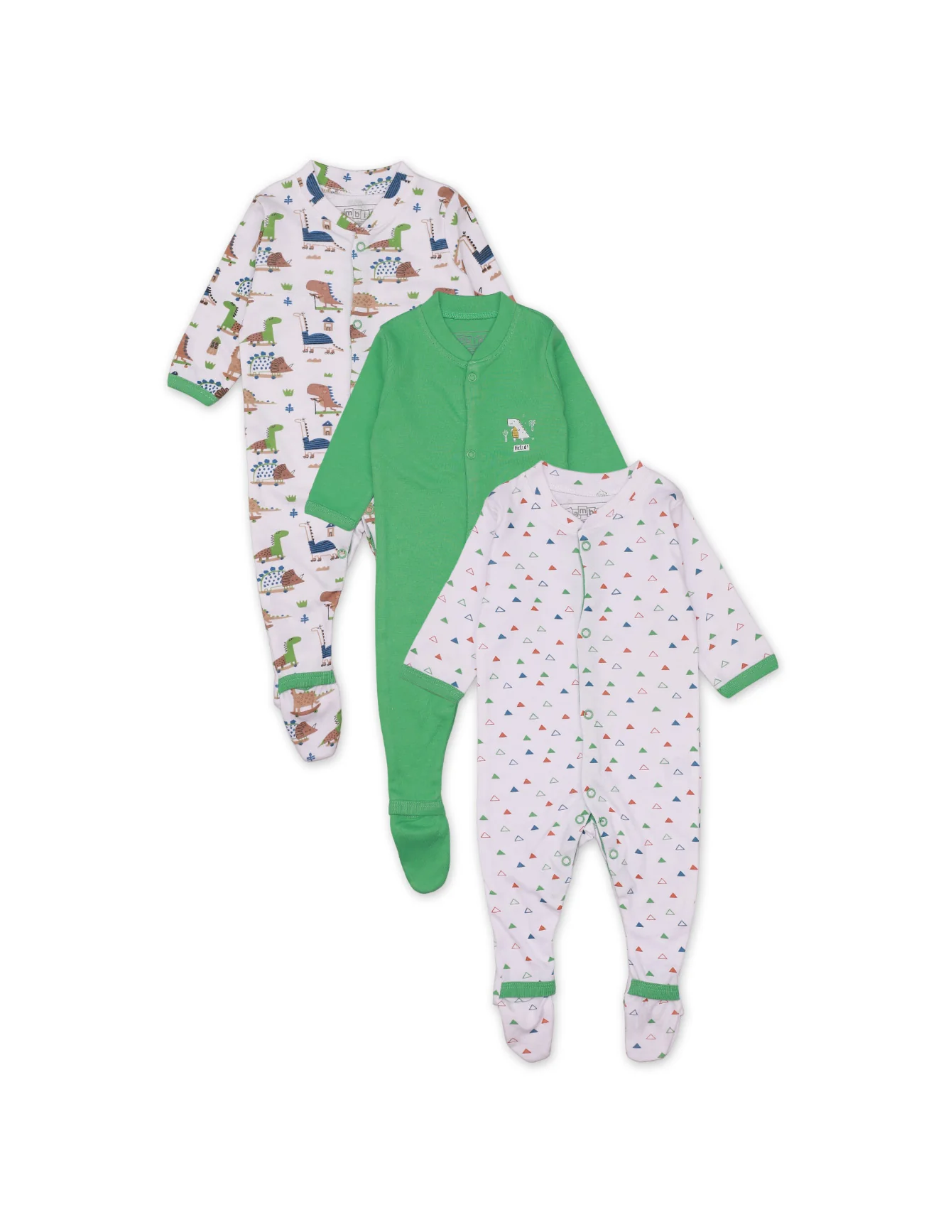 Zubaida's Sleep Suit Set with Green Dinos Theme for Boys - Pack of 3