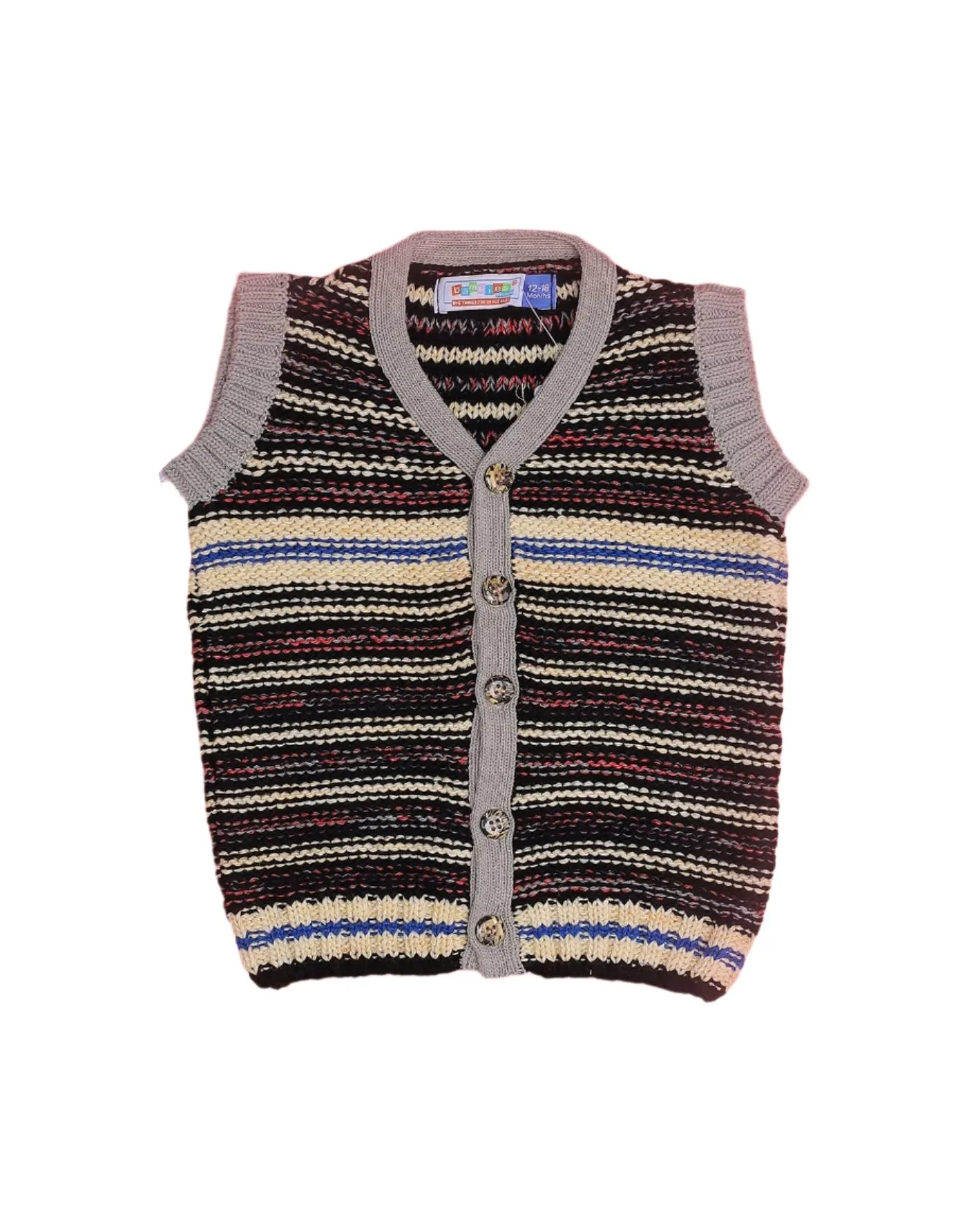 Zubaida's Sleeveless Sweater Gray Cream and Beige Stripes