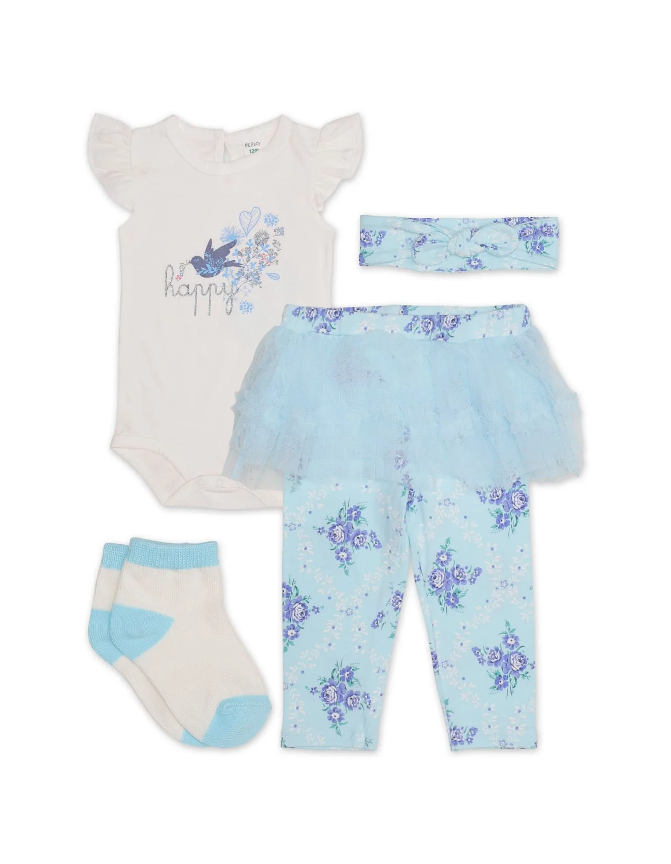 Zubaida's Floral 4 Pcs Bodysuit Set with Tutu Tights and a coordinating Headband
