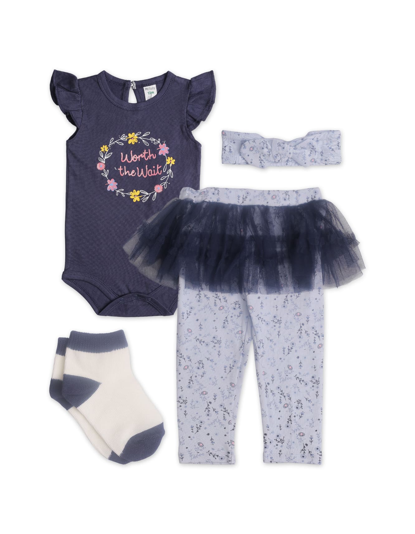 Zubaida's Floral 4 Pcs Bodysuit Set with Tutu Tights and a coordinating Headband