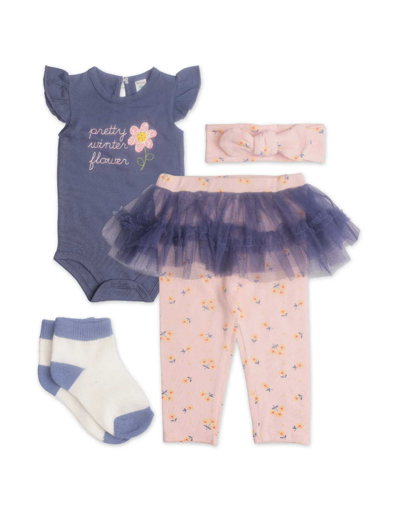 Zubaida's Floral 4 Pcs Bodysuit Set with Tutu Tights and a coordinating Headband
