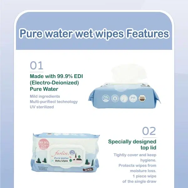 Zubaida's Farlin Pure Water Baby Wipes 80 Pcs Flip Top - CE-21001-1B - Image 2